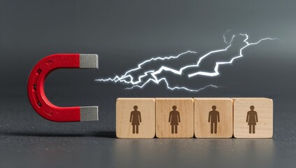 Horseshoe magnet attracts tiny human figures on wooden block with energy bolt