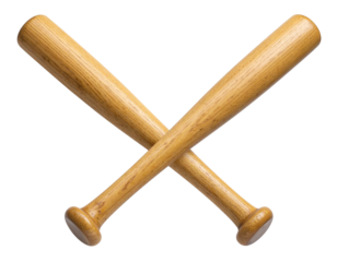 Angled Side Perspective of Crossed Wooden Baseball Bats, Transparent Background