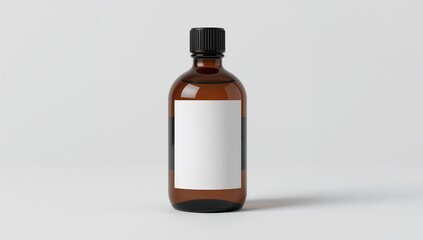 Minimalist studio shot of amber glass dropper bottle with blank label