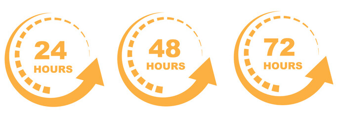 Set of 12, 24, 48 and 72 hour clocks with arrows on white background. Vector work time effect or delivery service time icon