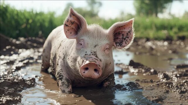 A young muddy piglet enjoying a wallow in the field. Perfectly captures the essence of rural farm life.