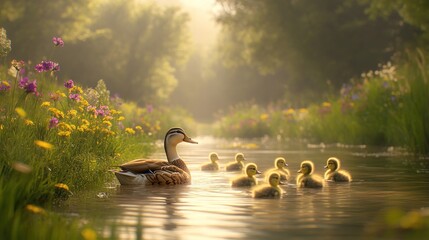 A mother duck leads her ducklings down a sunlit stream, bordered by wildflowers
