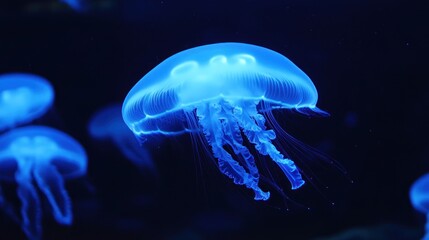 A glowing blue jellyfish, backlit, in dark water