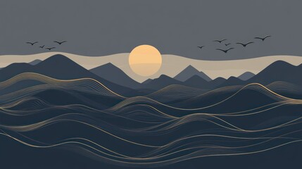 Muted landscape of mountains and waves.  Sunrise or sunset.  Soft colors.  Birds fly in sky