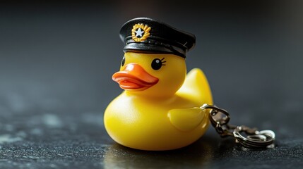 A yellow rubber duck wearing a black police officer's hat,  sitting on a dark surface