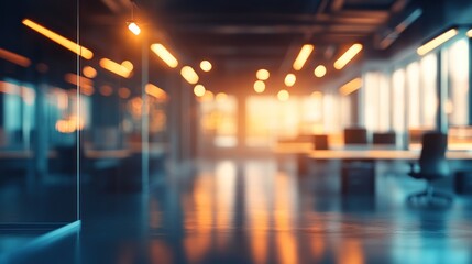 Blurred view of a modern office space with glass partitions, glowing lights, and sunlight streaming in