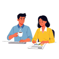 A man and woman collaborate on paperwork, enjoying coffee in a bright office, showcasing teamwork and productivity.