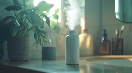 A white bottle sits on a bathroom countertop, emitting steam.  Plants and other bathroom items are visible. Sunlight streams in