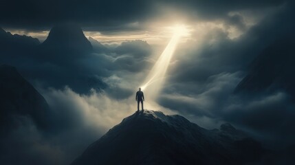 Silhouetted figure stands atop a mountain peak, bathed in a beam of light piercing a dramatic sky filled with clouds
