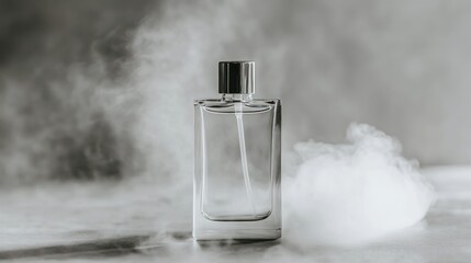 A clear glass perfume bottle, surrounded by smoke