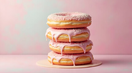Delicious stack of pink donuts with icing and sprinkles against a pastel backdrop