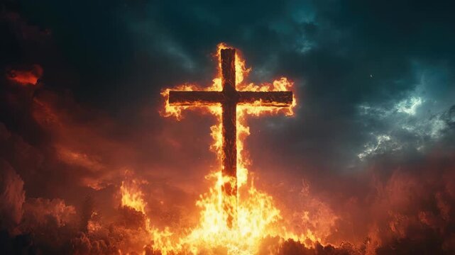 Cross burns in a hellish flame. An apocalyptic scene of evil and destruction.