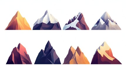 Eight stylized mountain illustrations in varying colors and textures against a white background.  Each peak displays a unique shade and form