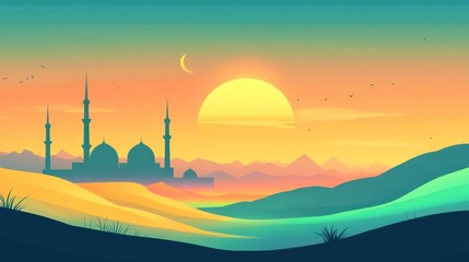 Desert mosque at sunset, vibrant colors