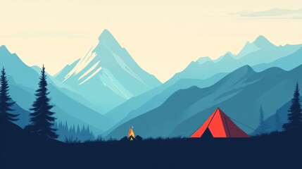 Mountain camping scene with a red tent and campfire