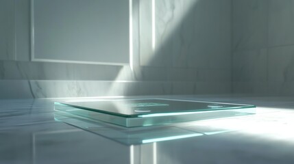 A clear glass scale on a light marble floor. Sunlight streams in