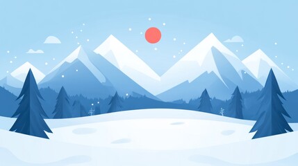 Winter landscape with snow-capped mountains and evergreen trees.  Flat design style