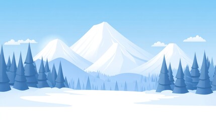 Winter mountain landscape graphic.  Peaceful scene of snow-capped mountains,  coniferous trees, and a light blue sky.  Muted colors.  Flat design style