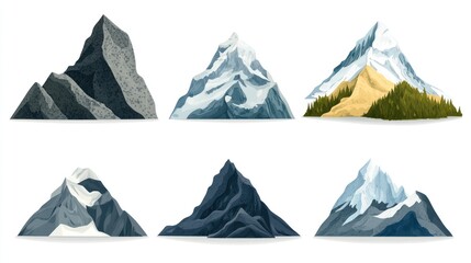 Six stylized mountain illustrations.  Each peak features varying textures, tones, and snowy or forested aspects.  Set against a white background