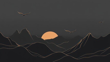 Minimalist mountain range at sunset. Birds fly in a dusky sky