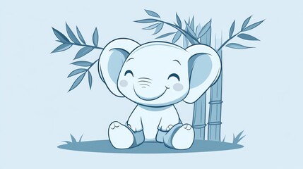 Cute light blue elephant sits beneath bamboo