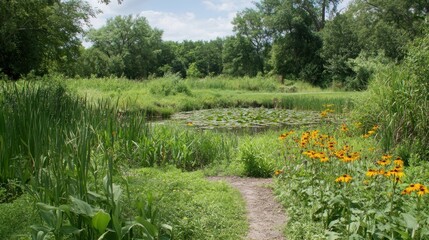 A sunlit woodland path meanders through lush vegetation, beside a tranquil pond with lily pads, towards a dense forest backdrop