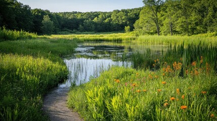 Tranquil waterway winding through lush meadow, bordered by trees