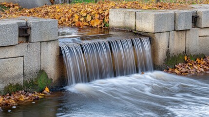 Autumnal water flowing over a gray stone spillway