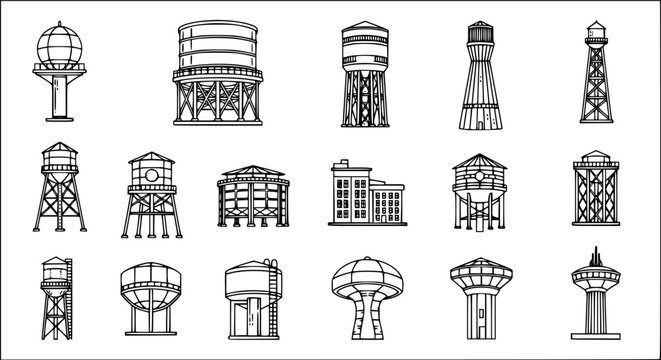 Various designs of water towers showcasing traditional structures in black and white style