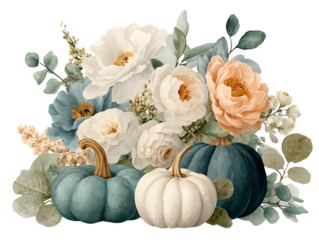 Watercolor floral pumpkin illustration, fall bouquets . Pastel pumpkins and flower arrangements in rustic style.