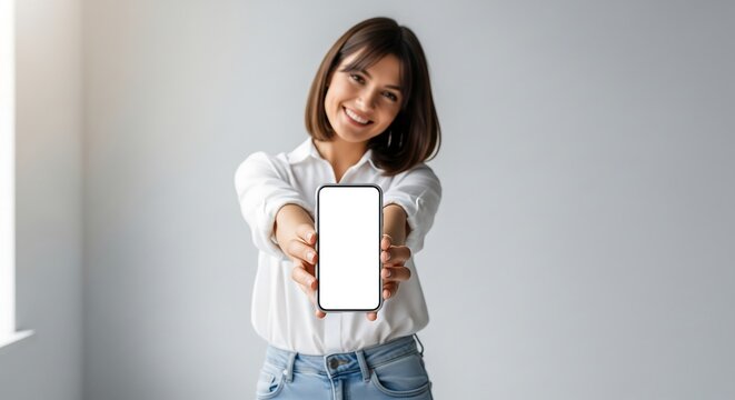 A smiling young woman in a white shirt and jeans holds out a smartphone with a blank screen, showcasing a mobile app or website. Perfect for app promotion or technology related content. - Powered by Adobe