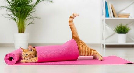 A playful ginger cat enjoying yoga on pink mat. 