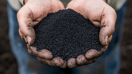 Biochar granules from biomass pyrolysis spread across soil as eco sustainable amendment