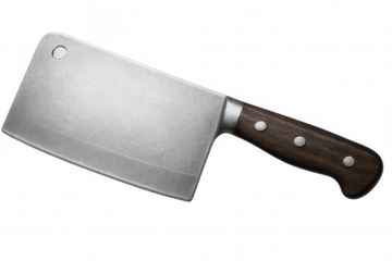 Professional butcher knife with wooden handle lying on transparent background, ready for cutting and chopping meat