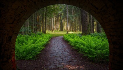 Obraz premium Arched entrance to lush green forest path sunlight dappled woodland nature scene
