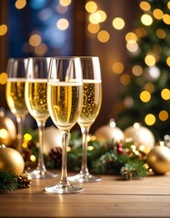 Festive champagne glasses on a wooden table