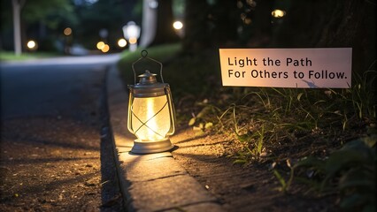 Lantern Illuminating Path with Inspirational Sign for Guiding Others