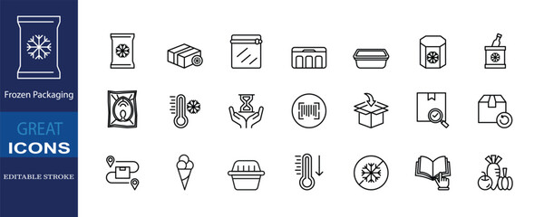 Minimal frozen packaging icons set for food, cold storage, delivery and labeling