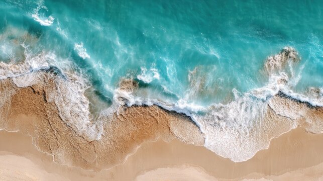 Aerial shot of turquoise ocean waves crashing on a golden sandy beach