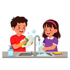 Two cheerful children collaboratively wash dishes in a bright kitchen, showcasing teamwork and household chores.