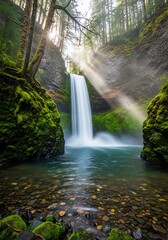 Waterfall cascading into emerald pool, sunbeams