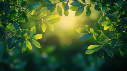 Obraz premium Branches with Green Leaves Framing Blurred Green and Yellow Background