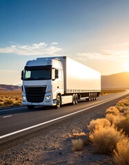 White truck on desert highway at sunset