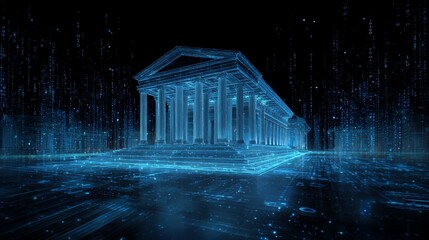 Digital Wireframe Model of Classical Temple with Binary Code Background