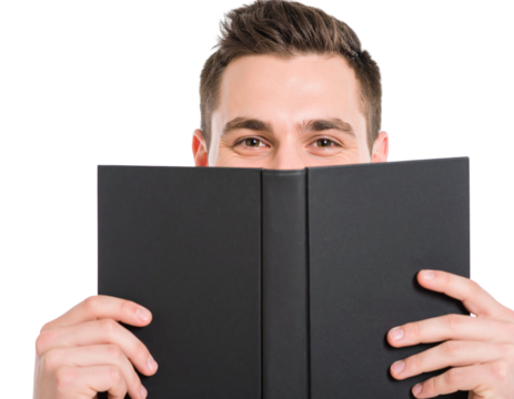 Close-Up Portrait of Young Man Holding Open Black Book, Isolated