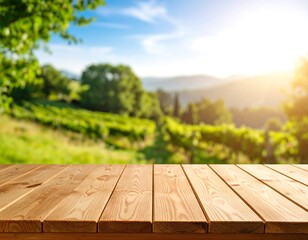 Wooden table outdoors, vineyard background
