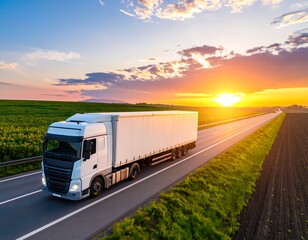White truck on highway at sunset over fields (1)