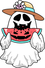 Summerween Ghost Eating Watermelon Wearing Hat  Cartoon 
