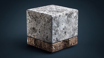 A digitally rendered cube of speckled, off-white stone rests atop a smaller, darker brown, similarly textured base against a deep blue background