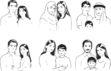 Fototapeta premium Diverse families in simple line art family people